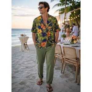 Bermuda Bay Mens XL Silk Hawaiian Shirt Floral Hibiscus Palm Leaf Navy Orange